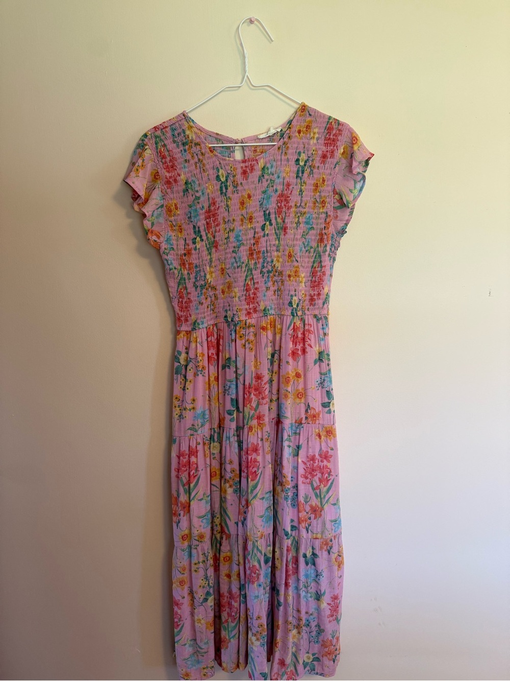 Pink Floral Maxi Dress with Smocked Bodice